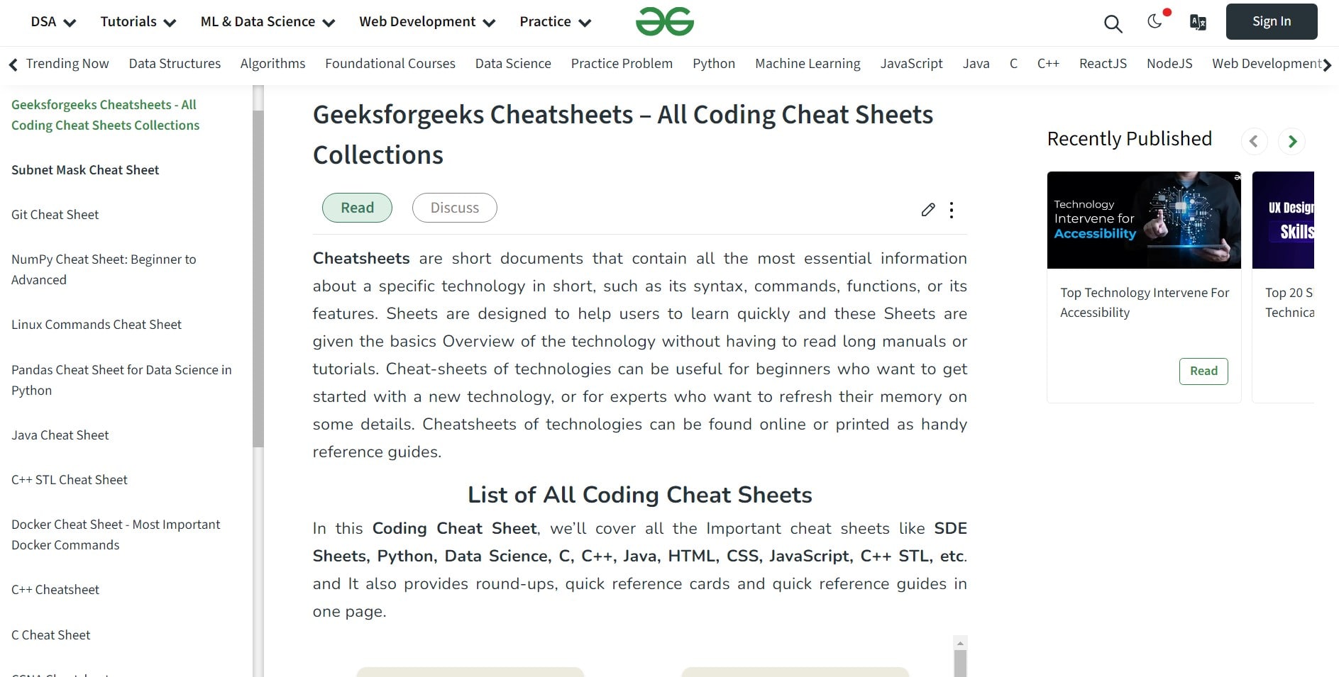 Geeksforgeeks Cheatsheets